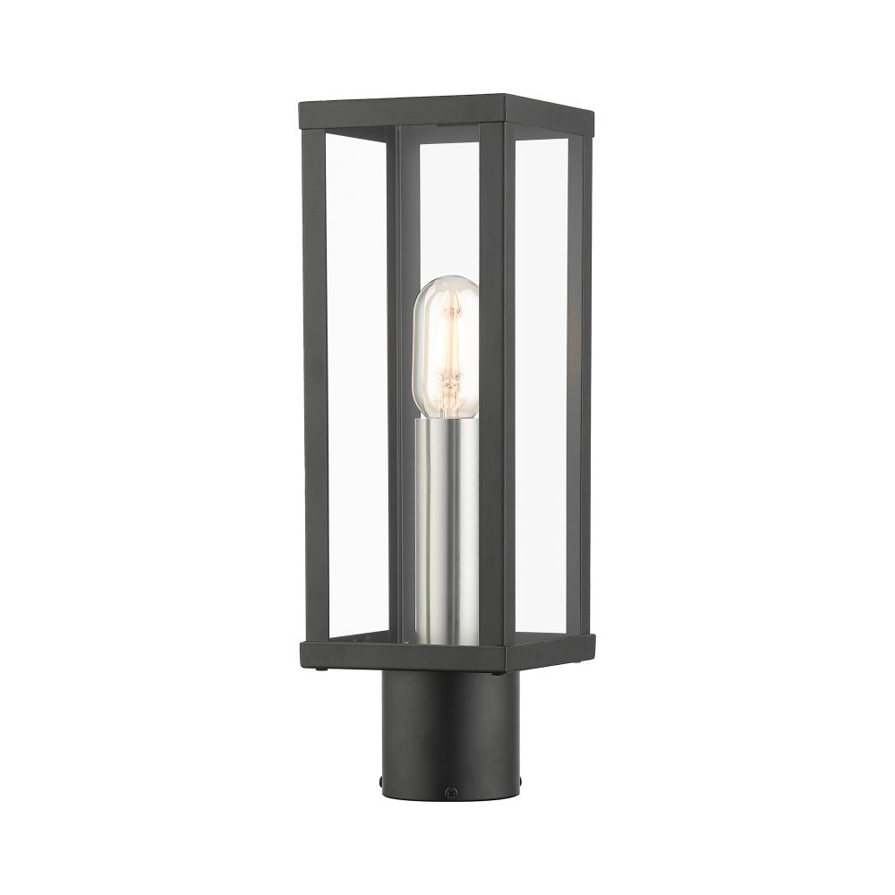 1 Light Black Outdoor Post Top Lantern with Brushed Nickel Finish Accents