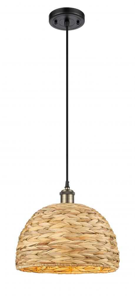 Woven Rattan - 1 Light - 12 inch - Black Antique Brass - Mini Pendant