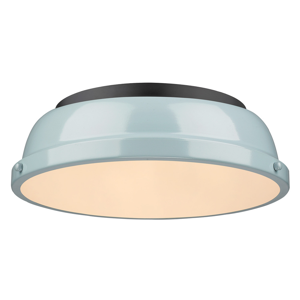 Duncan 14&#34; Flush Mount in Matte Black with a Seafoam Shade