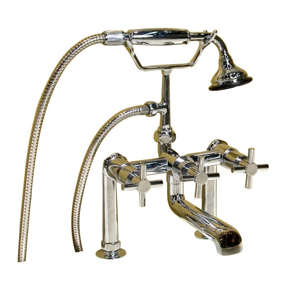 Deck Mount Tub Faucet w/ Cross Handles, Hand Shower-CP