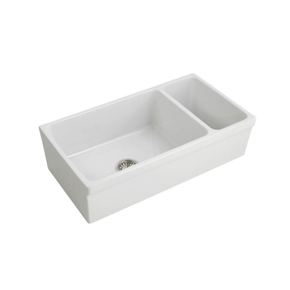 Lowell 36&apos;&apos; Dbl Bowl,Small owl Right,Fireclay Apron Front Sink-WH