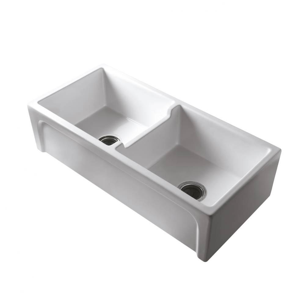 Myron DBL Bowl Fire Clay 39&apos;&apos; Apron Front Sink, White