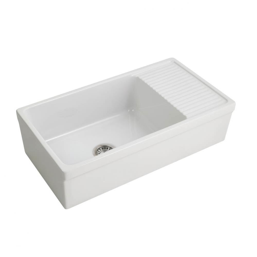 Inez 36&apos;&apos; Single Bowl Fireclay Apron Front Sink w Drainboard-WH