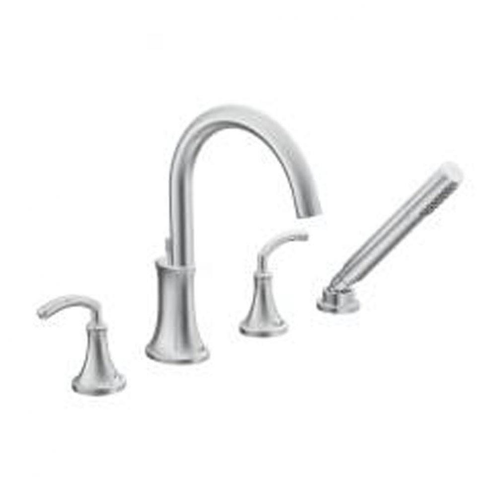 Chrome two-handle roman tub faucet includes hand shower