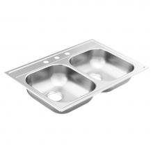 Moen GS202173BQ - 2000 Series 33-inch 20 Gauge Drop-in Double Bowl Stainless Steel Kitchen Sink, 3 Hole, Featuring Q