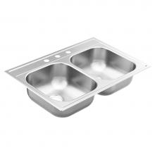 Moen GS202153BQ - 2000 Series 33-inch 20 Gauge Drop-in Double Bowl Stainless Steel Kitchen Sink, 3 Hole, Featuring Q