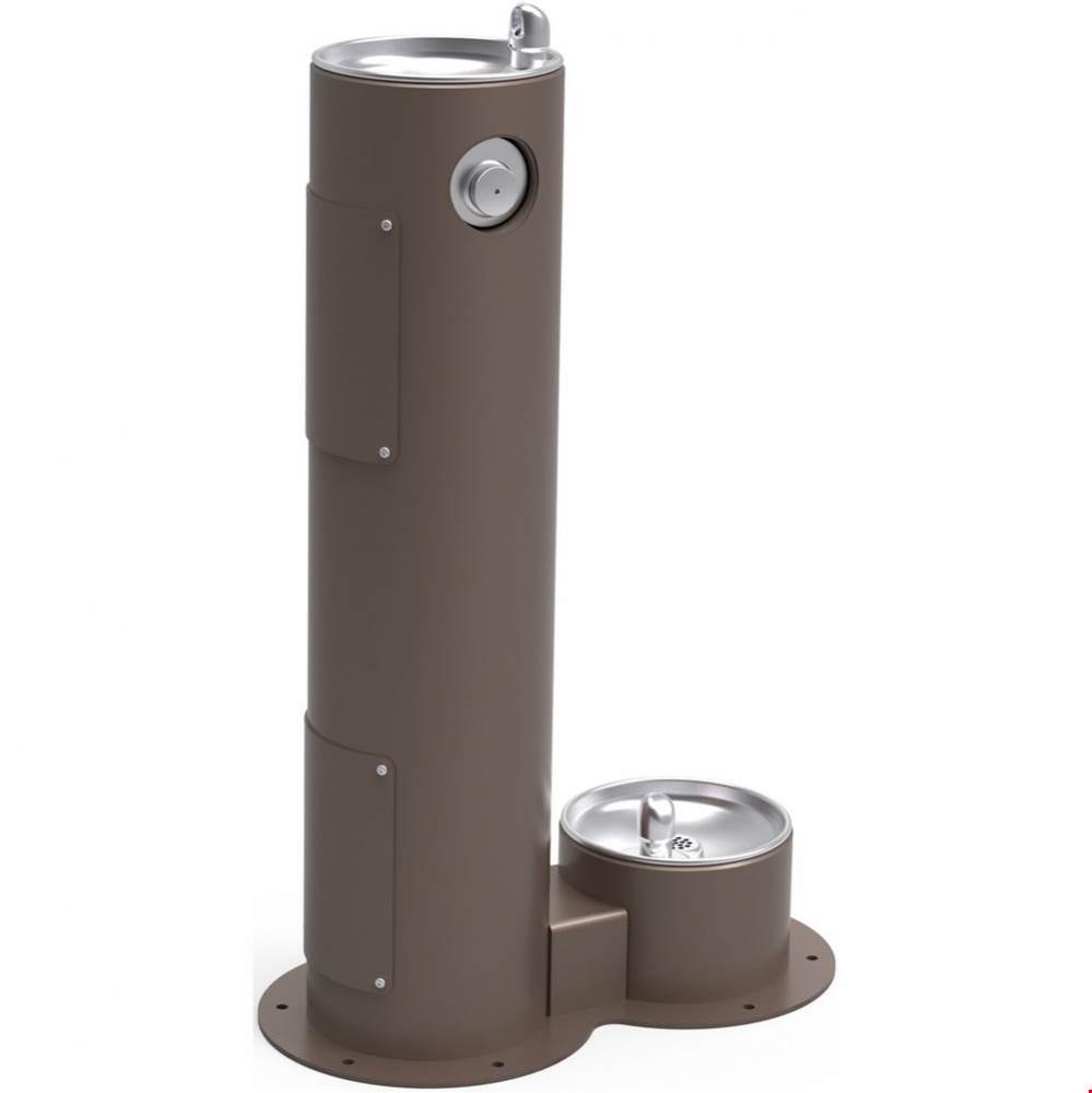 Outdoor Fountain Pedestal with Pet Station, Non-Filtered Non-Refrigerated, Freeze Resistant, Brown
