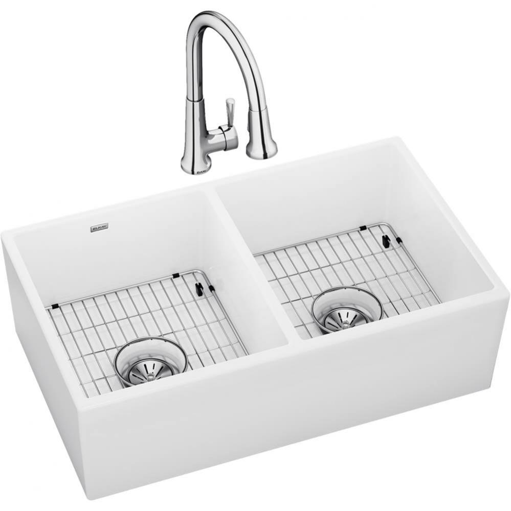 Fireclay 33&apos;&apos; x 19-15/16&apos;&apos; x 9&apos;&apos;, Equal Double Bowl Farmhouse Sink K