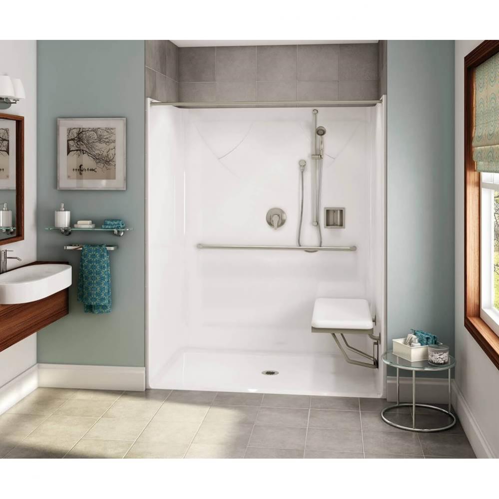 OPS-6036 AcrylX Alcove Center Drain One-Piece Shower in White - MASS Grab Bar and Seat