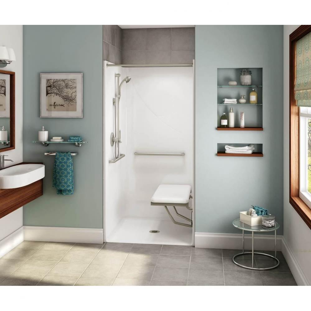 OPS-3636 AcrylX Alcove Center Drain One-Piece Shower in White - with MASS grab bar and seat