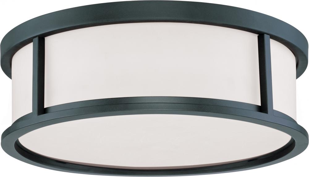 Odeon - 3 Light 17&#34; Flush Dome withSatin White Glass - Aged Bronze Finish