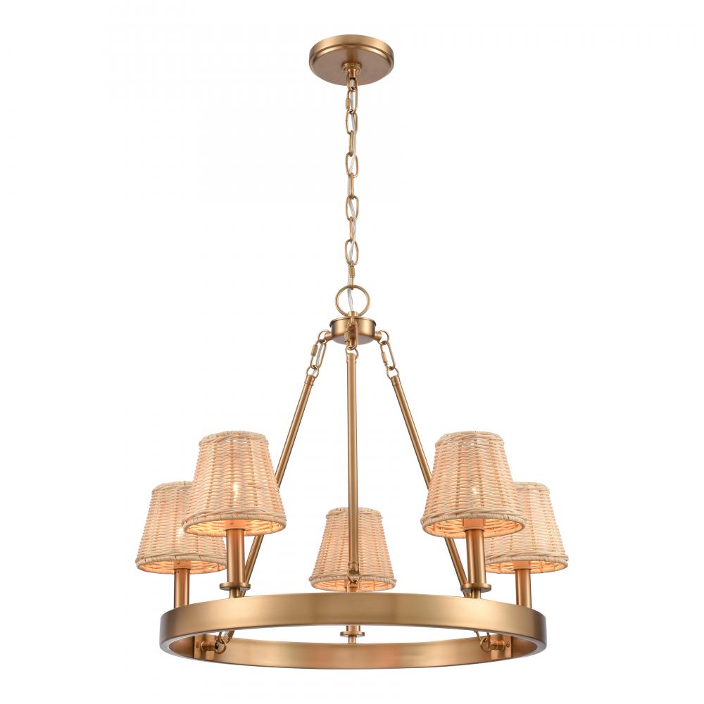 Rydell 24.5&#39;&#39; Wide 5-Light Chandelier - Brushed Gold and Rattan